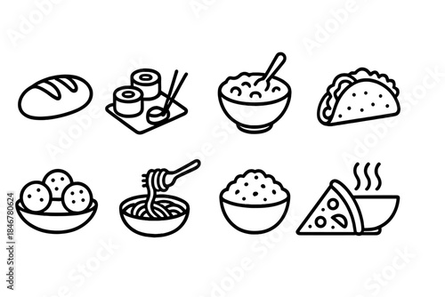 Food and cuisine outline icon set: bread, sushi, pizza, and more