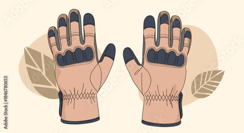 Pair of brown tactical motorcycle gloves with reinforced knuckle protection, designed for safety and grip, on a stylized background.