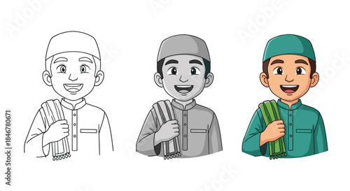 Set of a cheerful Muslim boy character wearing a green tunic and cap, presented in full color, grayscale, and line art for coloring.