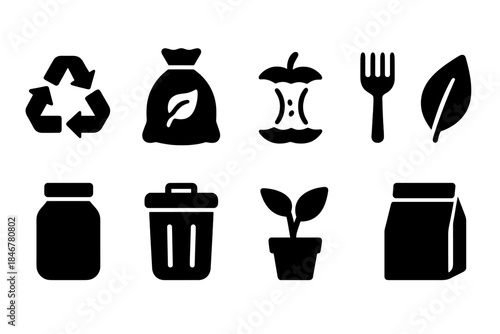 Eco-friendly, recycling solid icon set. Waste management, sustainability icons