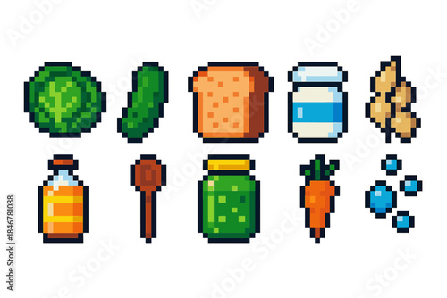 Pixel art food icon set. Vegetables, bread, dairy, preserves in pixel art style