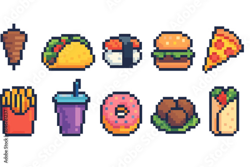 Food and drink icon set in pixel art style. Fast food, snacks, beverages graphics