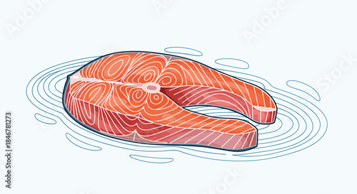 Fresh raw salmon steak with intricate details of flesh and bone, illustrated in a clean, stylized manner on a water ripple background.