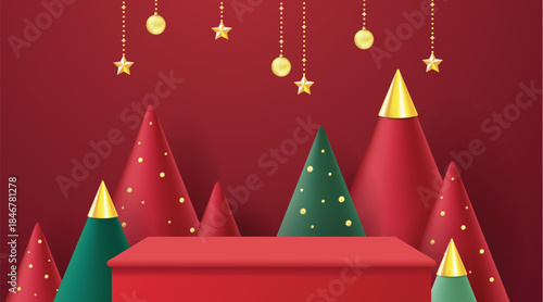 Podium for show product display.winter Christmas  decorative on red background with tree xmas. 3D vector