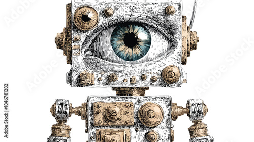 Detailed Robot Drawing with Vector Outline and Eyes - Professional Illustration Design