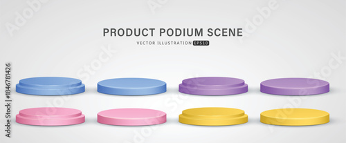 Set of realistic blue, pink, yellow and purple cylinder step pedestal podium shadow isolate in white background for scene show product display. 3D vector