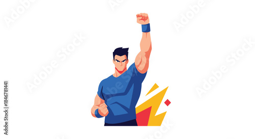 Muscular and heroic man in a blue shirt raising his fist in a powerful victory or protest pose, depicted in a modern flat style.