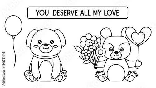 Cute dog sitting with balloon while another dog brings bouquet of flowers
