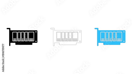 Raid controller card icon set for managing multiple storage drives in various styles