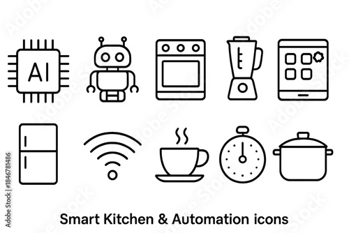 Smart kitchen and automation icon set. Home appliances icons in outline style