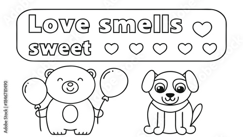 A cute teddy bear gently holding a balloon and a dog sniffing it with hearts around