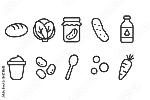 Food and kitchen outline icon set. Bread, vegetables, and kitchen essentials collection