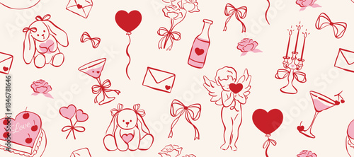 Hand drawn Valentines vintage doodles with Cute elements set. Red and pink romantic vintage illustration ribbon , heart and doll vector