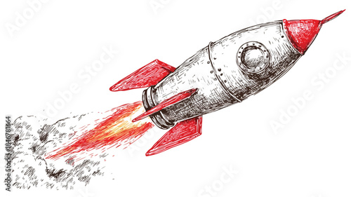 Rocket with Red Flame Vector Illustration for Space Exploration and Adventure