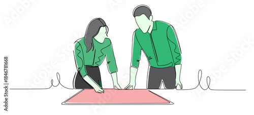 Continuous line art of male and female workers having a dialogue and discussing work plans with careful consideration and precise analysis. Vector illustration with attractive colors.