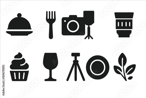 Food and photography solid icon set. Culinary, camera, dining, collection