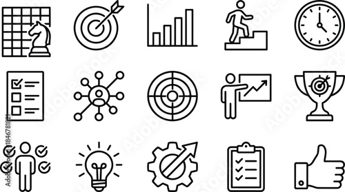 Business Strategy, Success, and Management Line Icons Set, Including Target, Chess, Charts, Time, and Achievement Symbols, Vector Graphic.