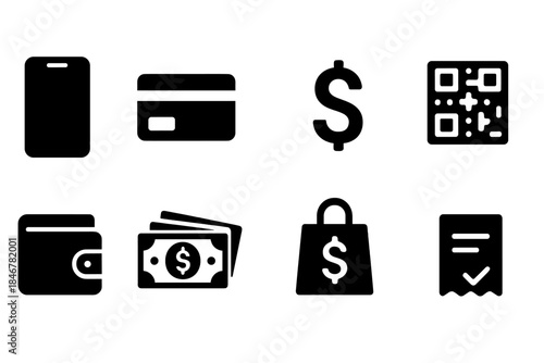 Finance and ecommerce solid icon set. Wallet, payment, shopping icons collection