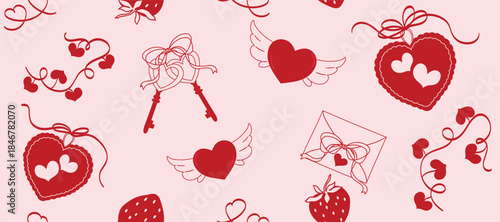 Hand drawn Valentines vintage doodles with Cute elements set. Red and pink romantic vintage illustration ribbon , heart and doll vector