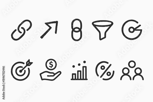 Business and finance outline icon set. Budget, growth, data, and more