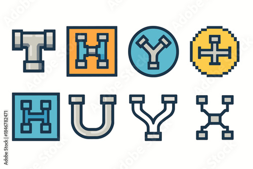 Pipe fittings flat icon set. Plumbing, construction tools icons flat collection