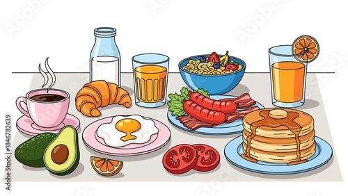 A delightful spread of fresh and varied breakfast foods, including pancakes, eggs, bacon, and fruits, creating a perfect morning feast illustration for a nutritious start