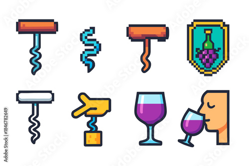 Wine tasting and corkscrew icon set in flat style. Sommelier tools collection.