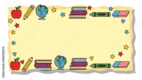 Vibrant educational supplies frame with school objects forming a lively border, perfect for children's learning materials and back-to-school themes