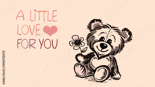 Black and white teddy bear holding a tiny flower on peach background with love text