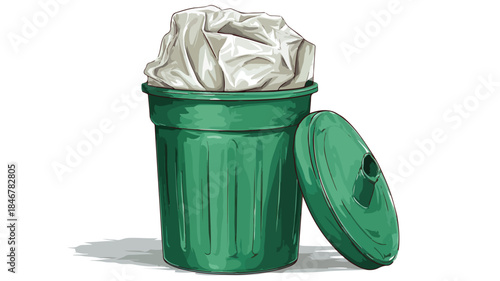 Green Trash Can with Paper Vector Outline
