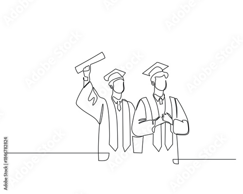Minimalist Line Drawing of Two Graduates Celebrating – Continuous One Line Academic Illustration