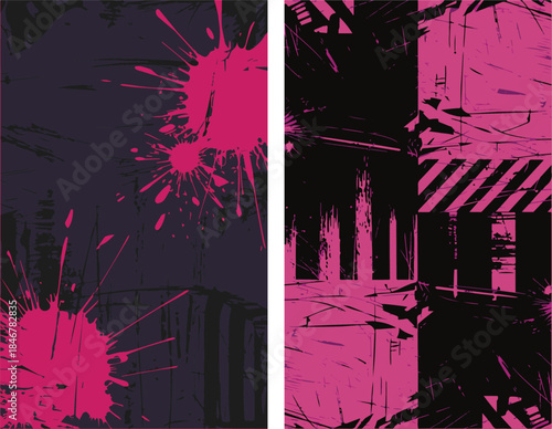 Black and magenta grunge textures and patterns vector grunge paint strokes, distressed street poster textures, urban art elements, rough surface
