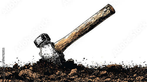 Hammer in Dirt with Vector Outline - Professional Construction Concept