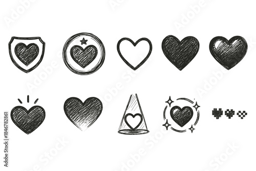 Heart, love hand-drawn icon set. Romantic, sketch style heart icons collection