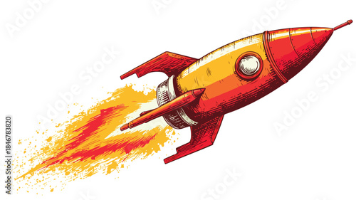 Vibrant Rocket Flying with Red and Yellow Flames in the Air