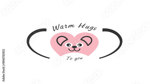 A cute chibi bear face inside a puffy pink heart with warm hugs text