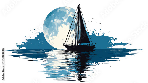 Sailboat Floating on Water with Full Moon Reflection - Serene Night Scene