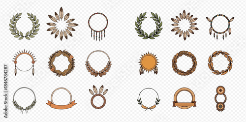 Collection of various decorative bohemian style frames and wreaths with feathers, leaves, and tribal elements on a transparent background.