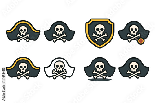 Pirate, skull and crossbones flat icon set. Nautical, adventure symbols collection