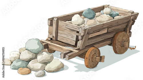 Rustic Wooden Cart with Rocks and Hand-Drawn Map Illustration