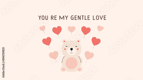 Cute bear drifting slowly with heart balloons in a gentle love scene