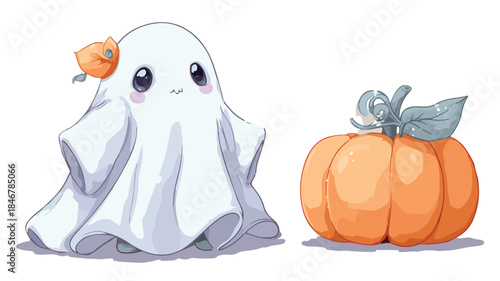 Cute Cartoon Ghost Holding Pumpkin - Halloween Vector Illustration
