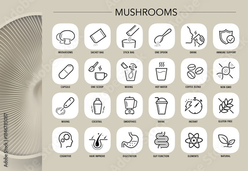 Mushroom supplements icons set. The main advantages from a balanced food or supplement. Icon set is ideal for health projects, wellness and others. Editable stroke icons. EPS10.