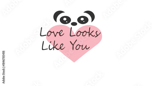 Cute bear face resting on a pink heart cushion with love text