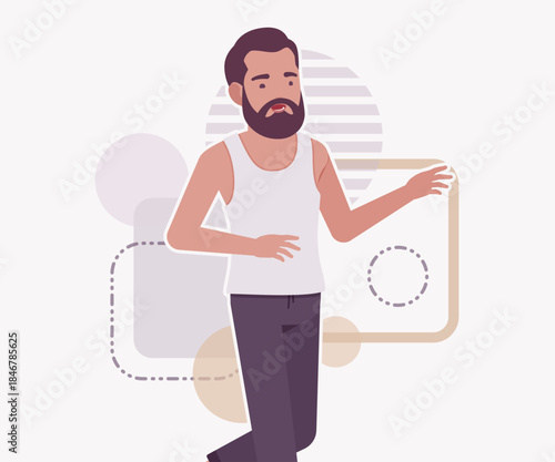 Middle aged man in home casual relaxed wear walk pose. Bearded guy sleeveless wifebeater undershirt, comfy lounge pajama jogger pants, vector flat style cartoon illustration, creative background