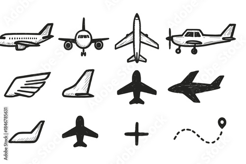 Aviation, airplane outline icon set. Flight, aviation concepts in doodle outline style