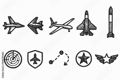 Military aircraft sketch icon set. Fighter, missile, radar, badge sketch style icons