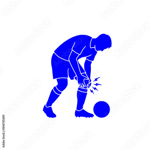 Blue soccer player clutching knee in pain during match