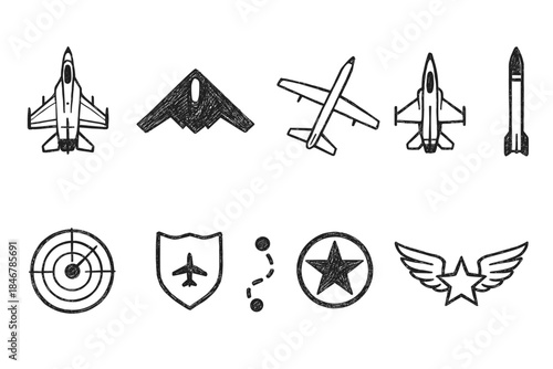 Military aircraft silhouette icon set. Fighter jets, rockets, and radar symbols