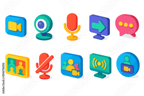 Communication and video call icon set: vibrant 3d style for online interaction